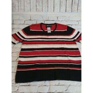 Sag Harbor Women's Red/Black/white Striped  Knit Sweater Size M Short Sleeve